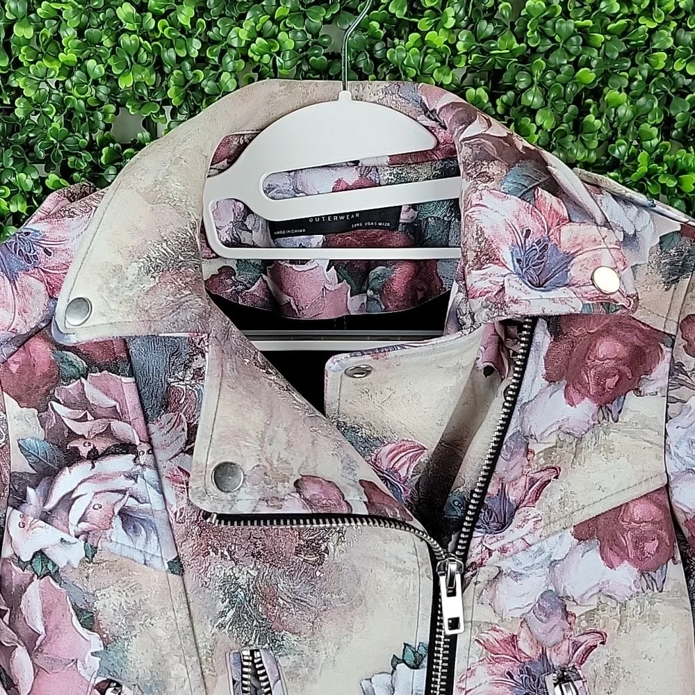 ZARA Basic Outerwear Floral Faux Suede Zippered Moto Jacket Cream/ Pink SZ Small - Picture 6 of 15